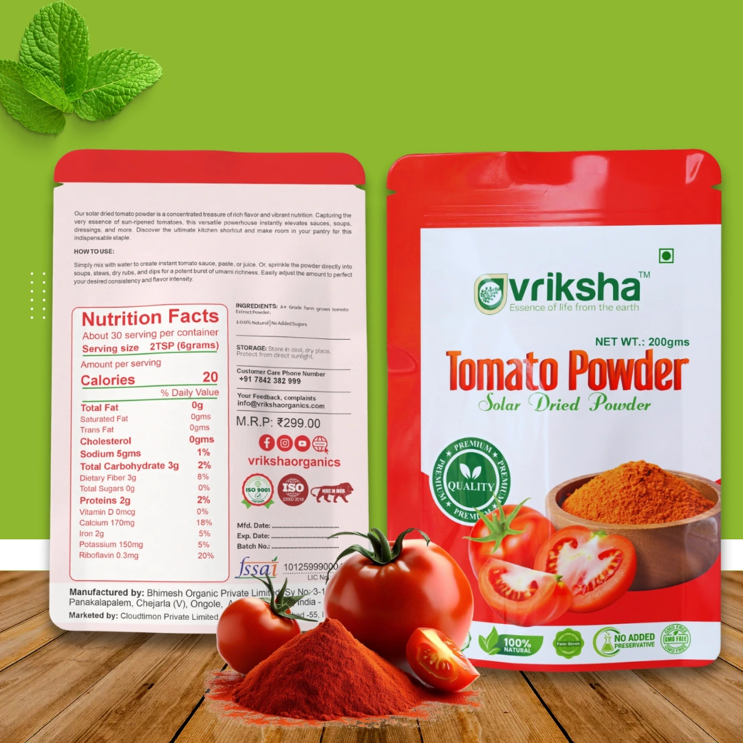 Vriksha Premium Tomato Powder 200gm | Naturally rich in Vitamin C, Potassium | Nourishes skin, promotes a healthy glow. Vriksha Premium Tomato Powder 200gm | Naturally rich in Vitamin C, Potassium | Nourishes skin, promotes a healthy glow.