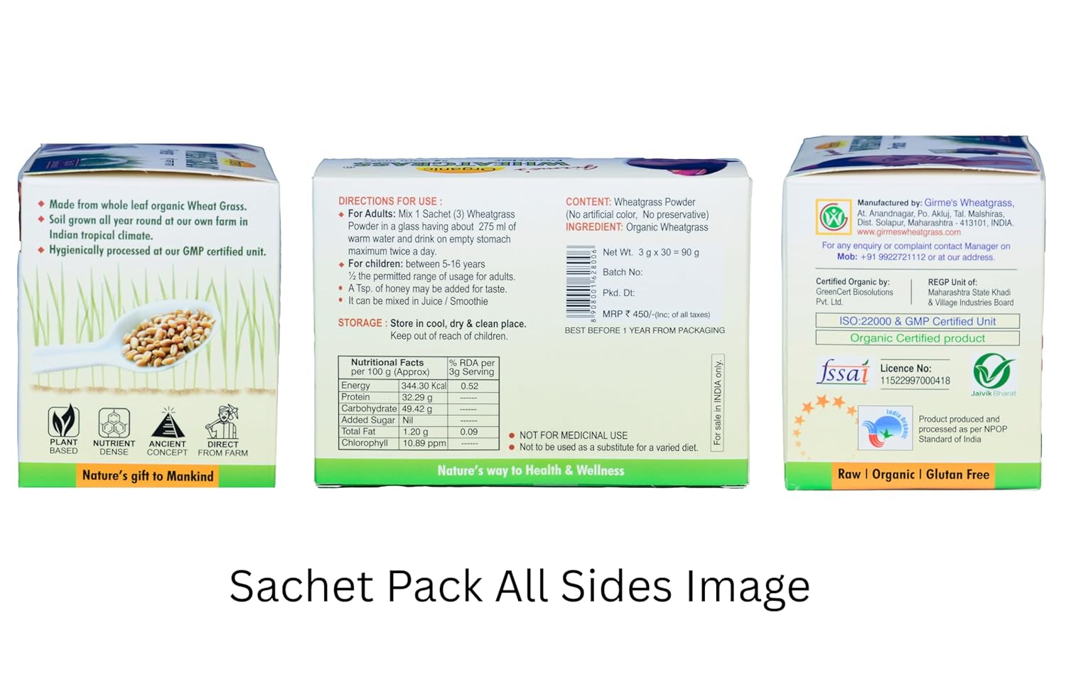 Organic Wheat Grass Powder - 3gx30 Sachet Pack -Girme's Organic Wheat Grass Powder - 3gx30 Sachet Pack -Girme's