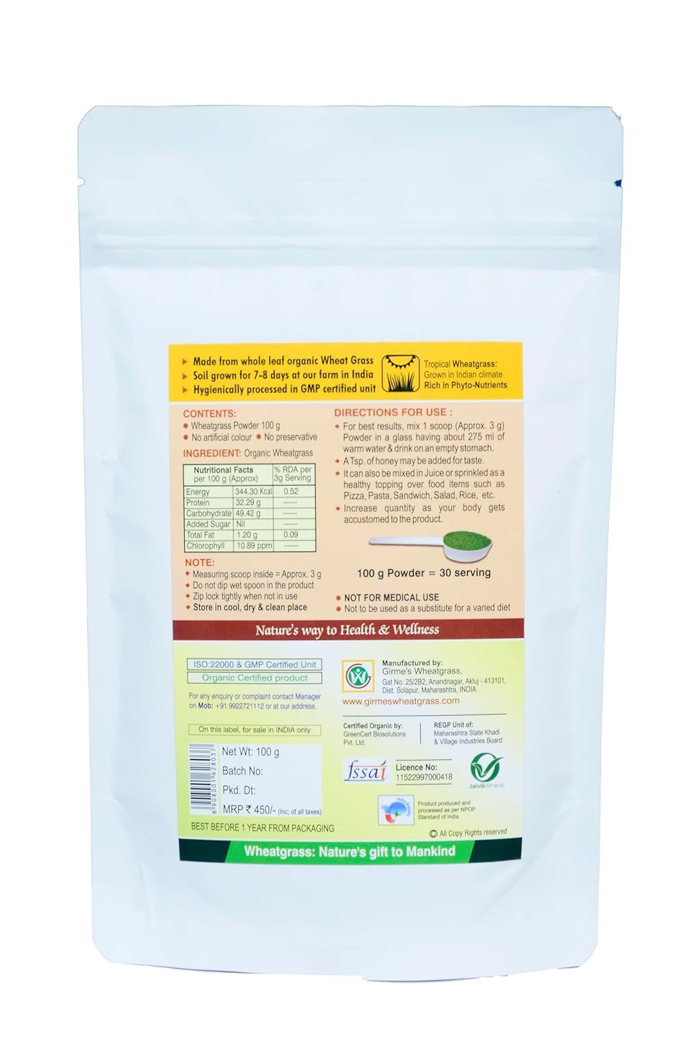 Organic Wheat Grass Powder - 100g Pouch - Girme's Organic Wheat Grass Powder - 100g Pouch - Girme's